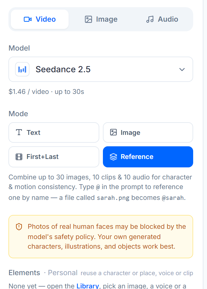 Thalam Studio mode picker showing Text, Image, First+Last and Reference modes for Seedance 2.5