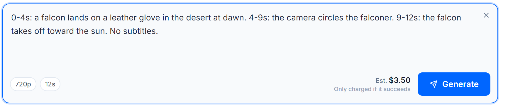 Thalam Studio prompt box with a second-by-second shot list for a 12 second clip